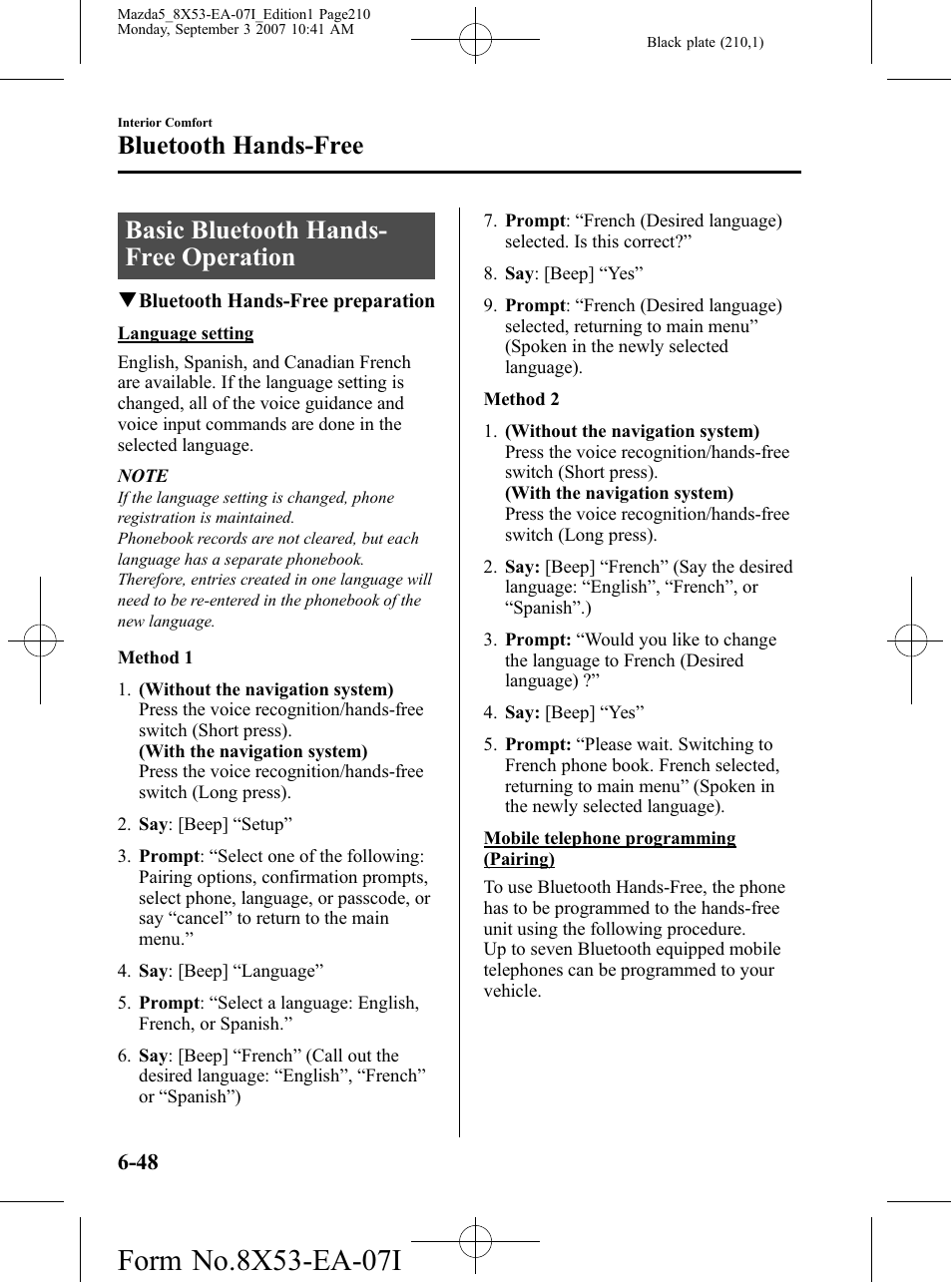 Basic bluetooth hands-free operation, Basic bluetooth hands-free operation -48, Basic bluetooth hands- free operation | Bluetooth hands-free | Mazda 2008 5 User Manual | Page 210 / 376