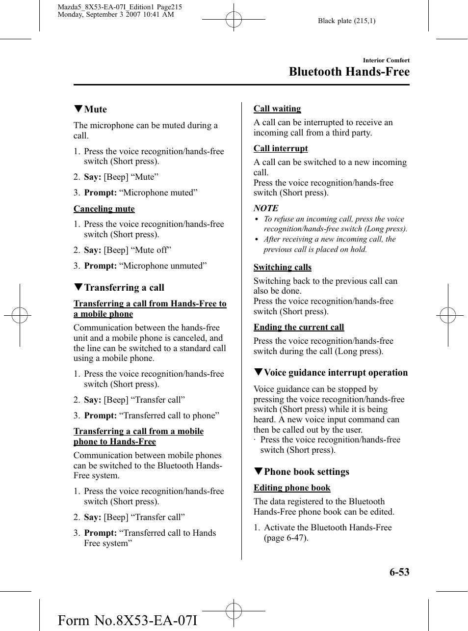 Bluetooth hands-free | Mazda 2008 5 User Manual | Page 215 / 376