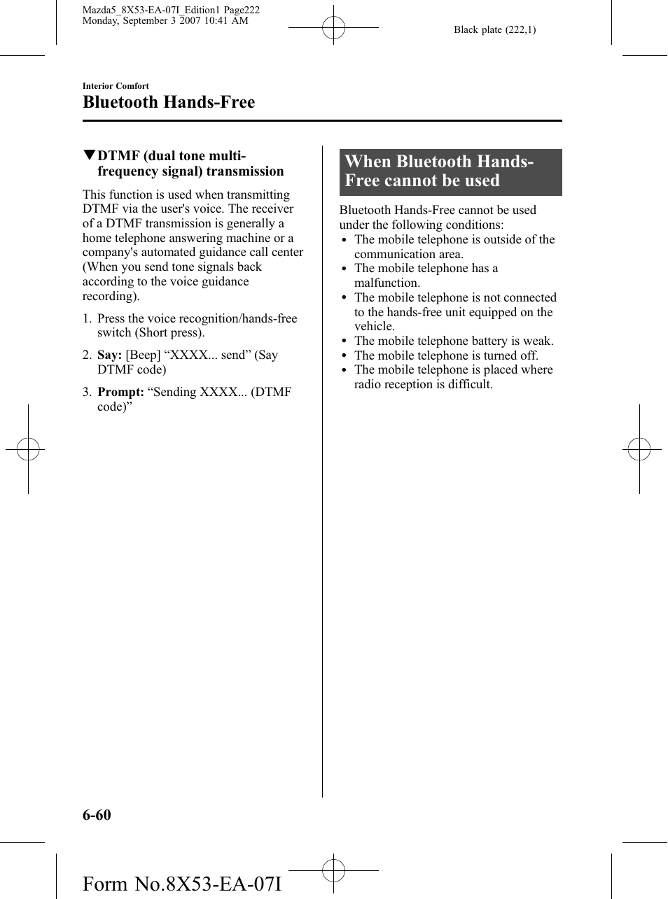 When bluetooth hands-free cannot be used, When bluetooth hands-free cannot be used -60, When bluetooth hands- free cannot be used | Bluetooth hands-free | Mazda 2008 5 User Manual | Page 222 / 376