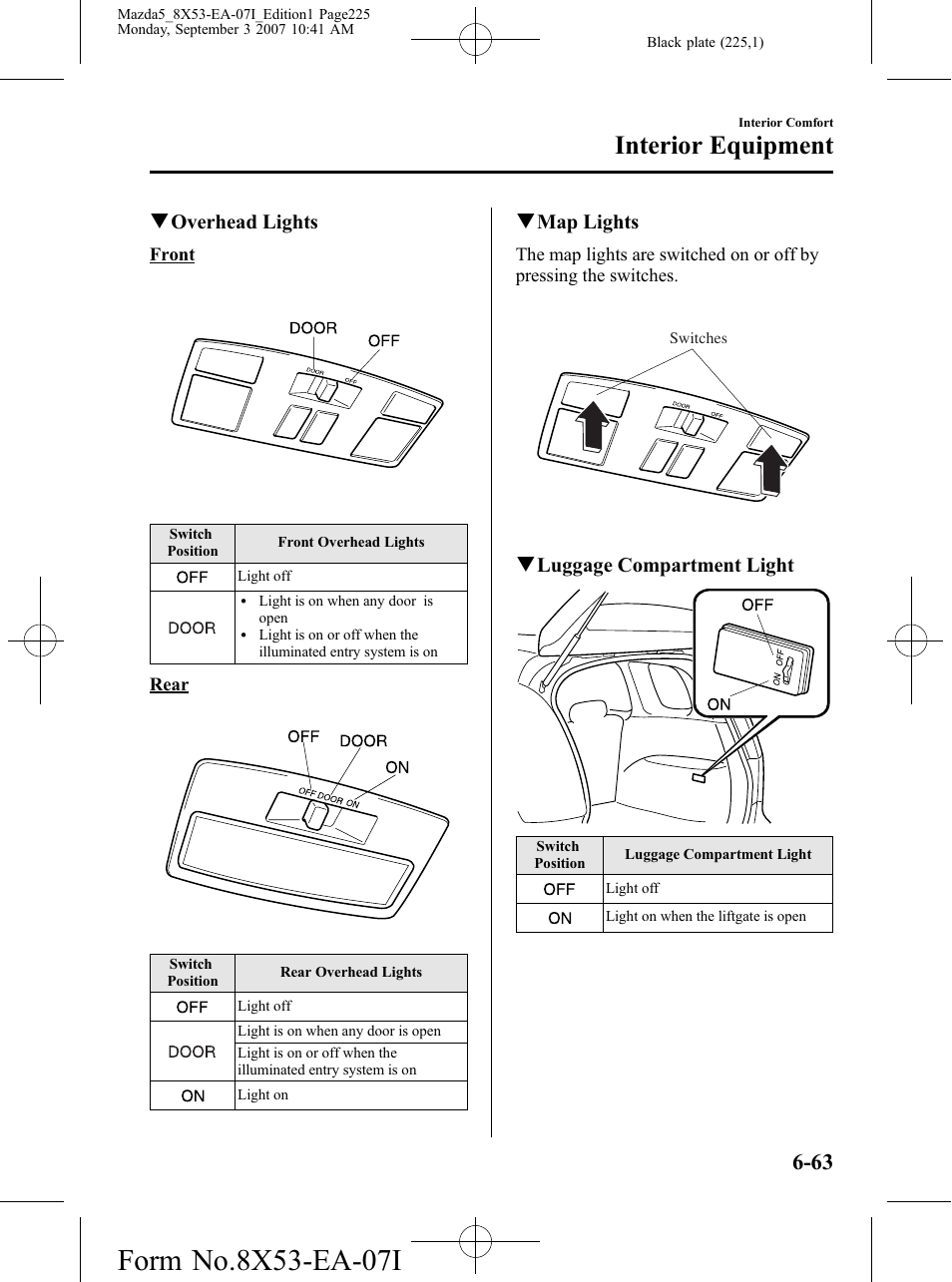 Interior equipment, Qoverhead lights, Qmap lights | Qluggage compartment light | Mazda 2008 5 User Manual | Page 225 / 376