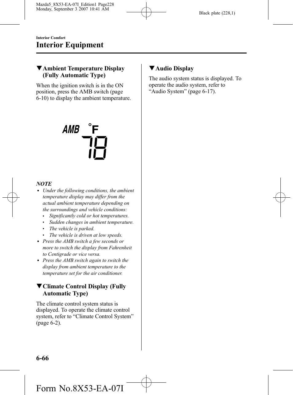Interior equipment, Qclimate control display (fully automatic type), Qaudio display | Mazda 2008 5 User Manual | Page 228 / 376