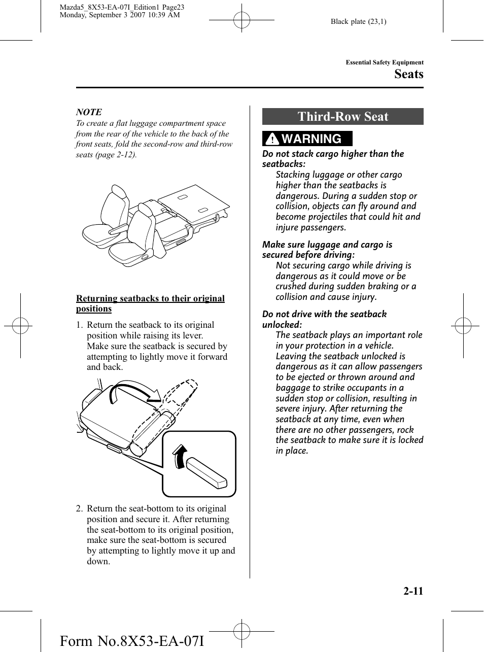 Third-row seat, Third-row seat -11, Seats | Warning | Mazda 2008 5 User Manual | Page 23 / 376