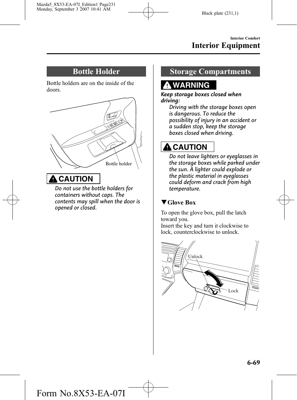Bottle holder, Storage compartments, Bottle holder -69 storage compartments -69 | Interior equipment, Caution, Warning | Mazda 2008 5 User Manual | Page 231 / 376