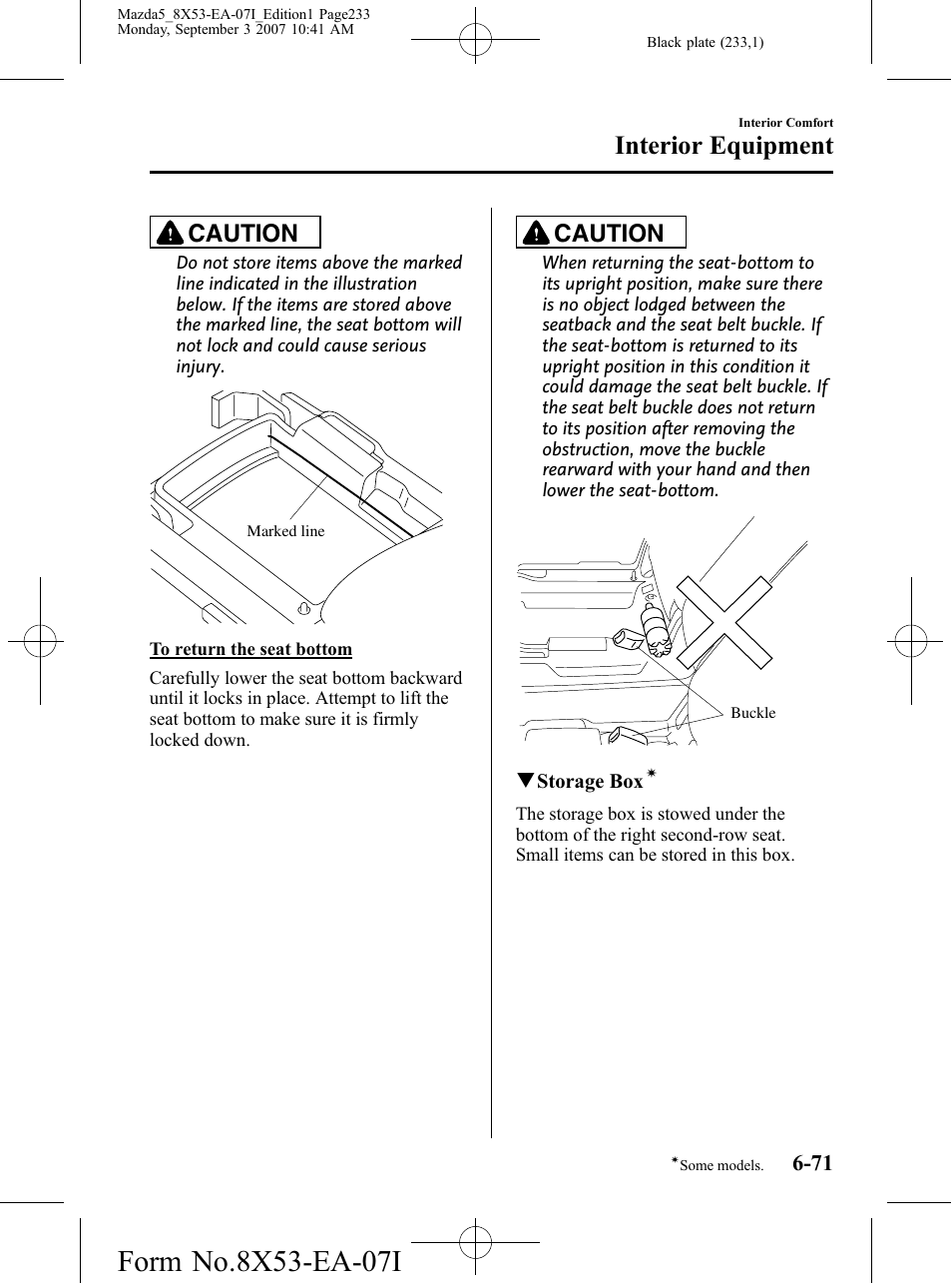 Interior equipment, Caution | Mazda 2008 5 User Manual | Page 233 / 376