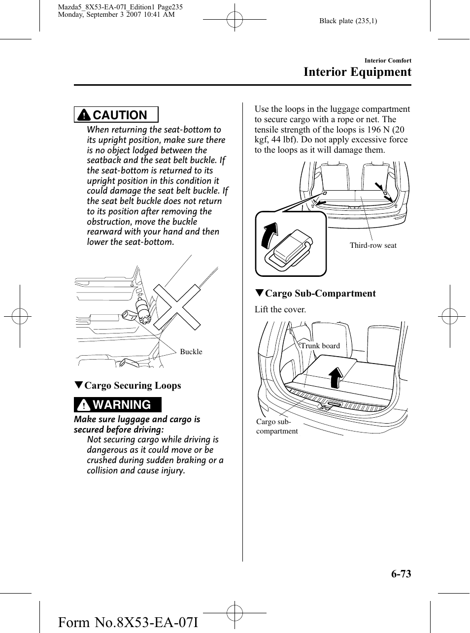 Interior equipment, Caution, Warning | Mazda 2008 5 User Manual | Page 235 / 376