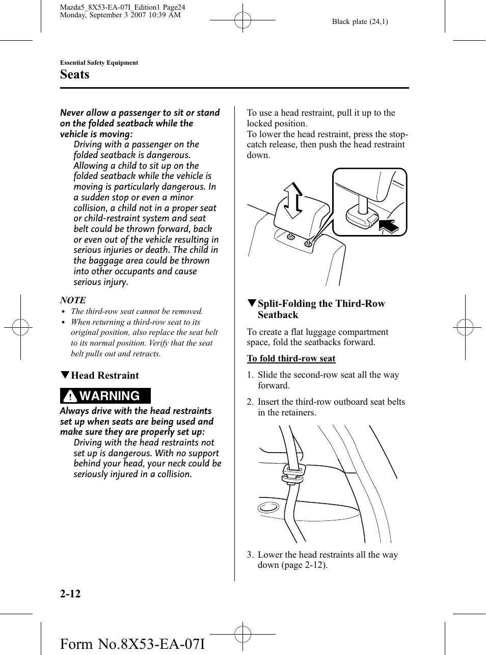 Seats, Warning | Mazda 2008 5 User Manual | Page 24 / 376