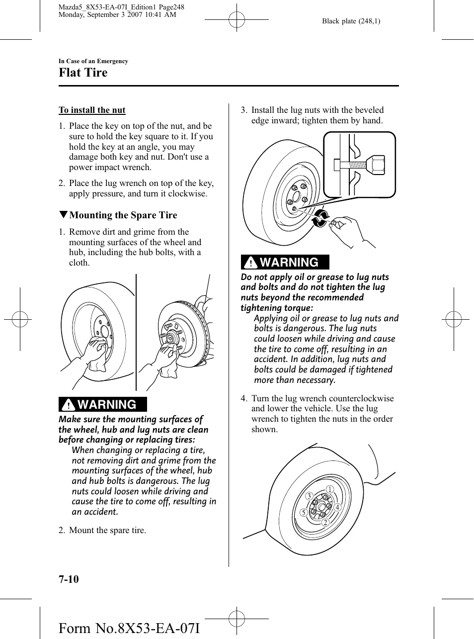 Flat tire, Warning | Mazda 2008 5 User Manual | Page 248 / 376