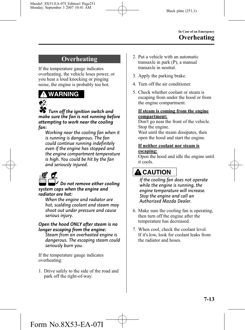 Overheating, Overheating -13, Warning | Caution | Mazda 2008 5 User Manual | Page 251 / 376