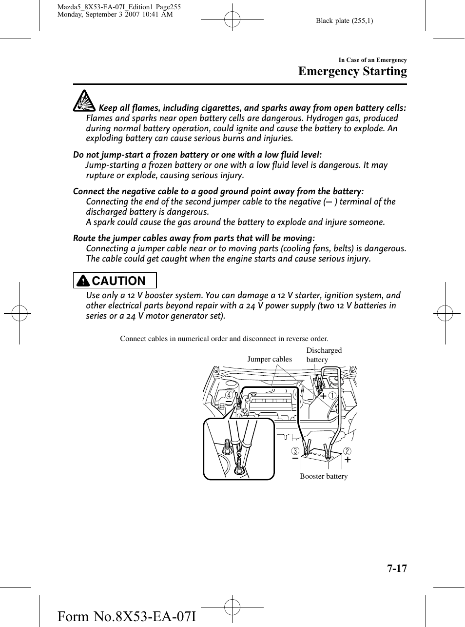 Emergency starting, Caution | Mazda 2008 5 User Manual | Page 255 / 376