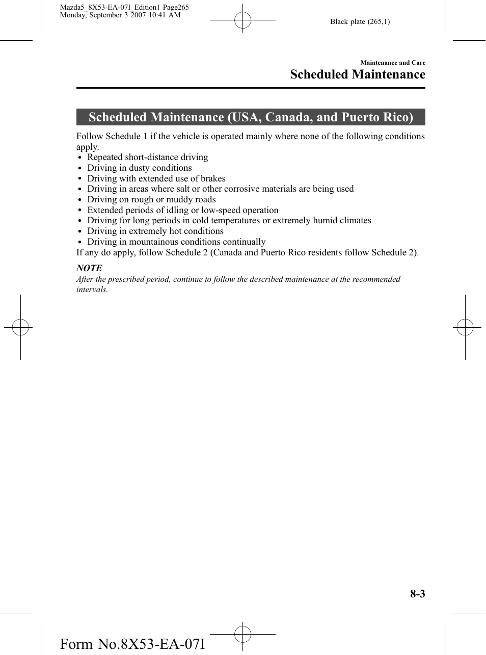 Scheduled maintenance, Scheduled maintenance -3 | Mazda 2008 5 User Manual | Page 265 / 376