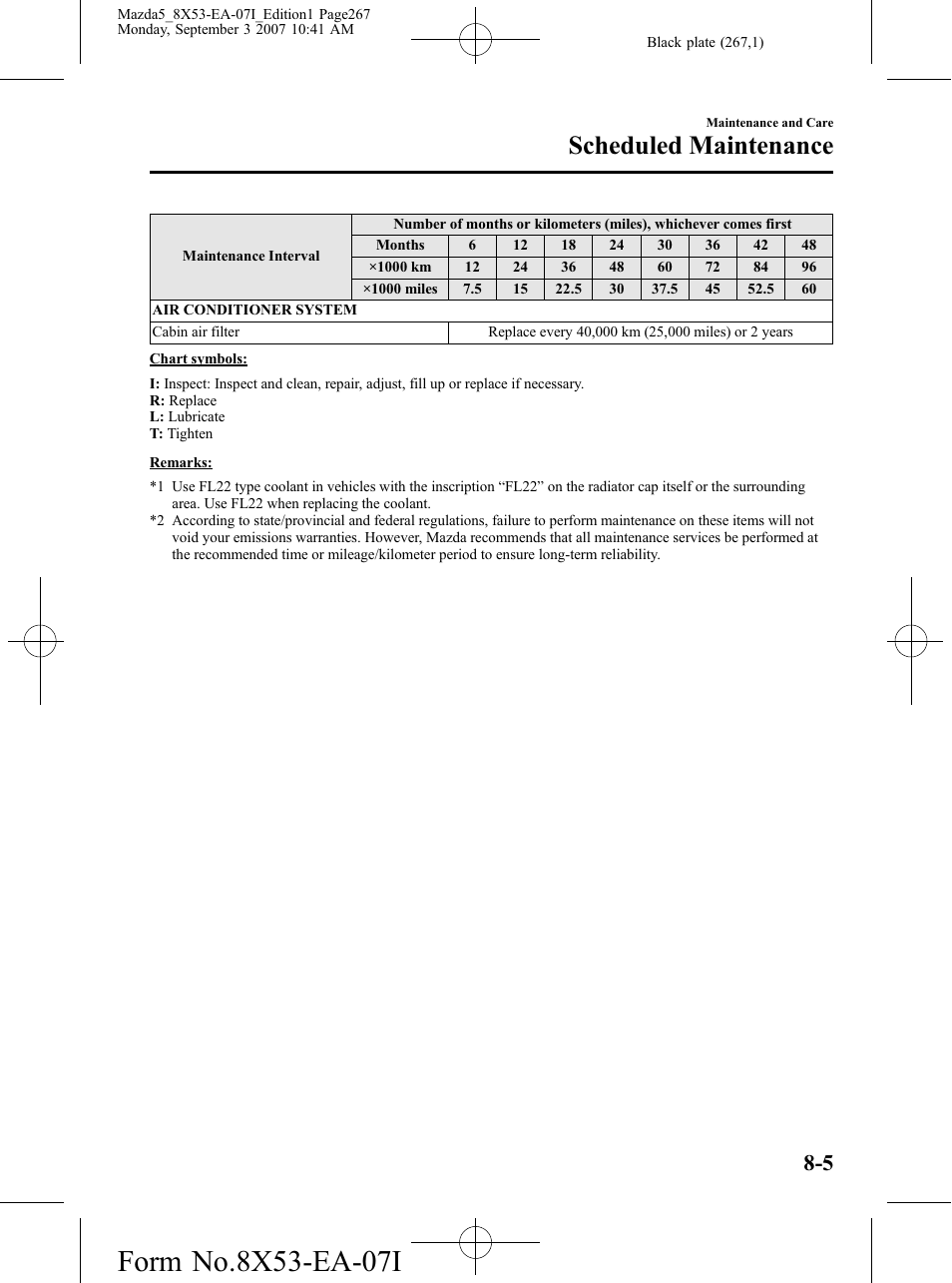 Scheduled maintenance | Mazda 2008 5 User Manual | Page 267 / 376