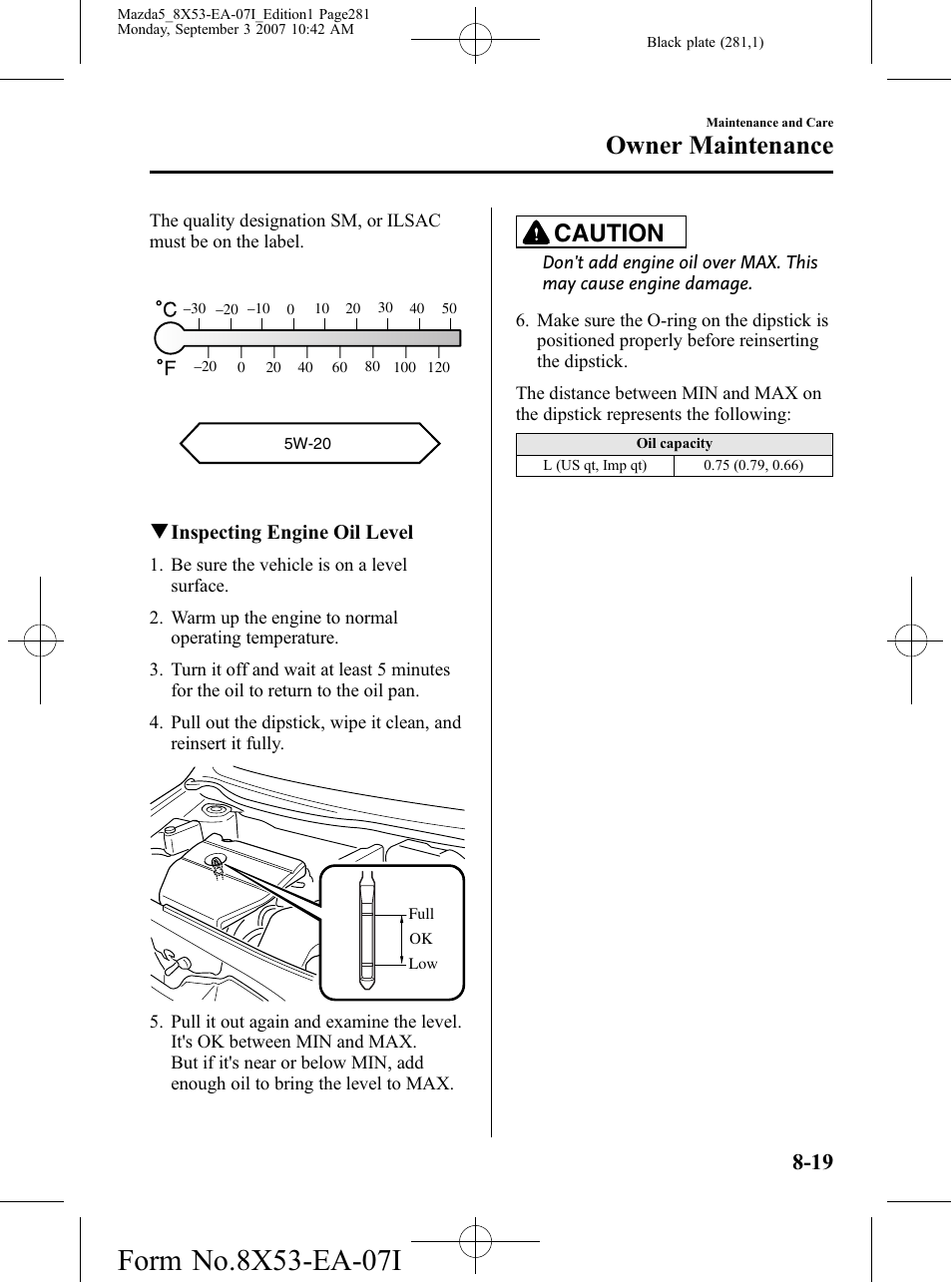 Owner maintenance, Caution | Mazda 2008 5 User Manual | Page 281 / 376