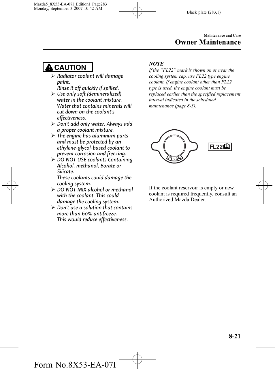 Owner maintenance, Caution | Mazda 2008 5 User Manual | Page 283 / 376