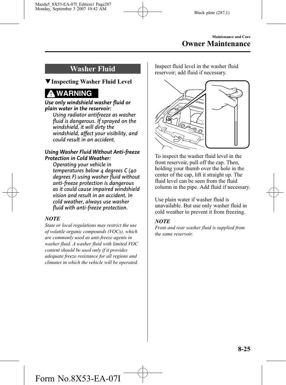 Washer fluid, Washer fluid -25, Owner maintenance | Warning | Mazda 2008 5 User Manual | Page 287 / 376