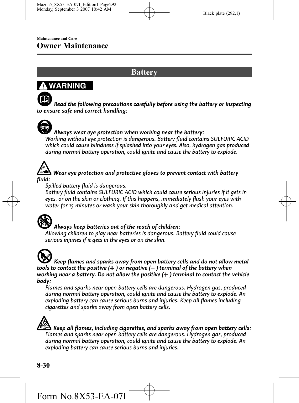 Battery, Battery -30, Owner maintenance | Warning | Mazda 2008 5 User Manual | Page 292 / 376