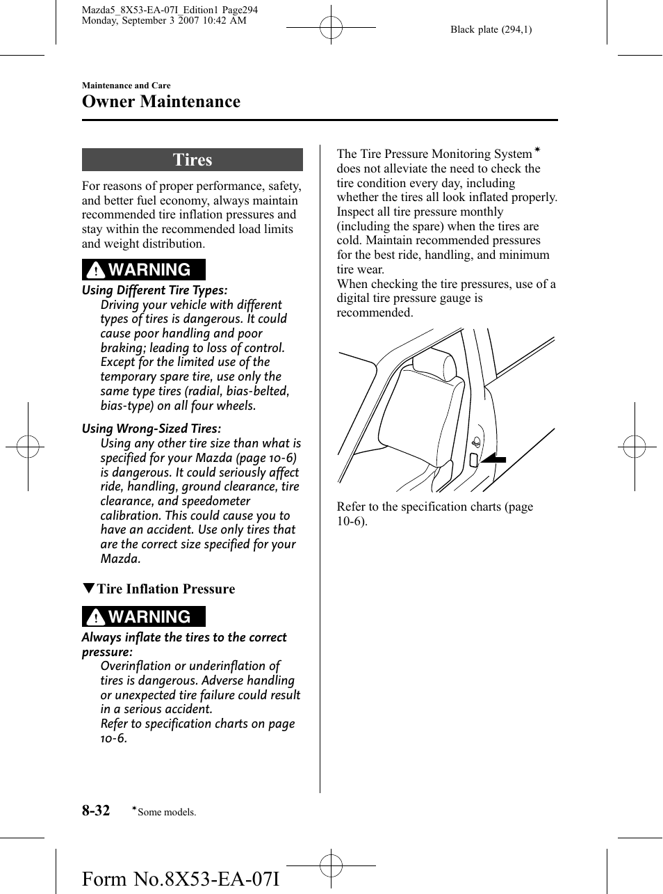 Tires, Tires -32, Owner maintenance | Warning | Mazda 2008 5 User Manual | Page 294 / 376