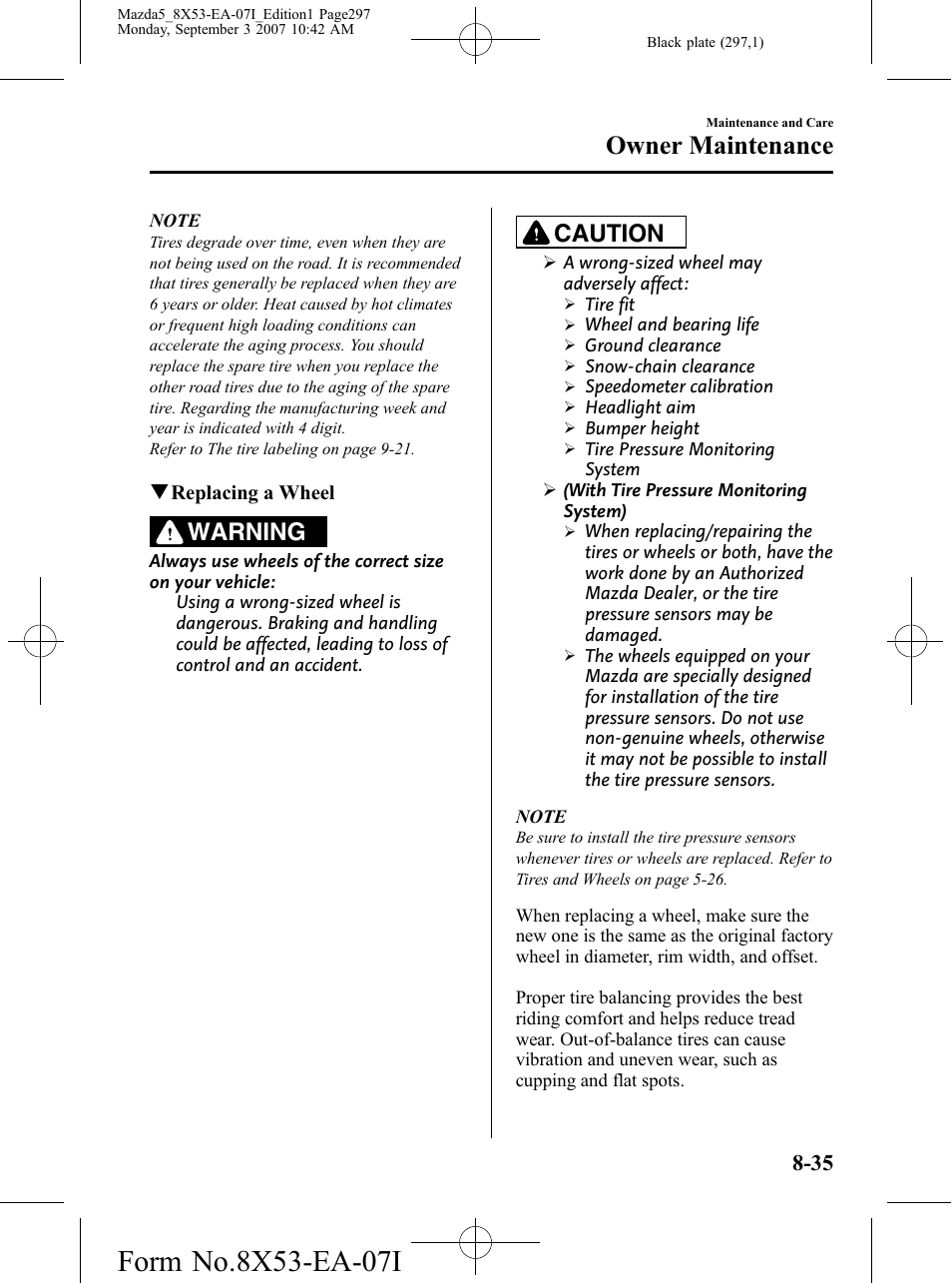 Owner maintenance, Warning, Caution | Mazda 2008 5 User Manual | Page 297 / 376