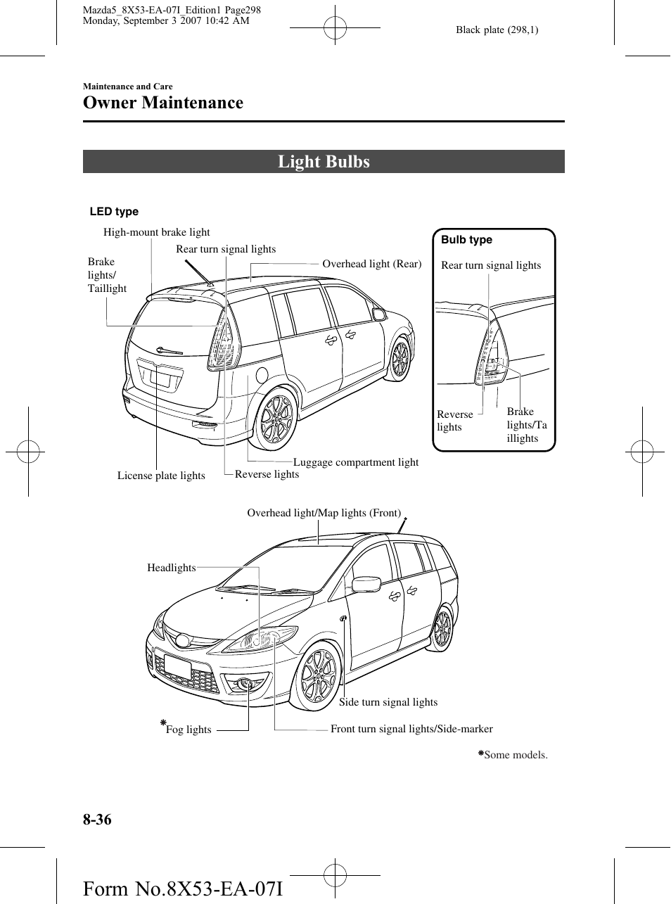 Light bulbs, Light bulbs -36, Owner maintenance | Mazda 2008 5 User Manual | Page 298 / 376