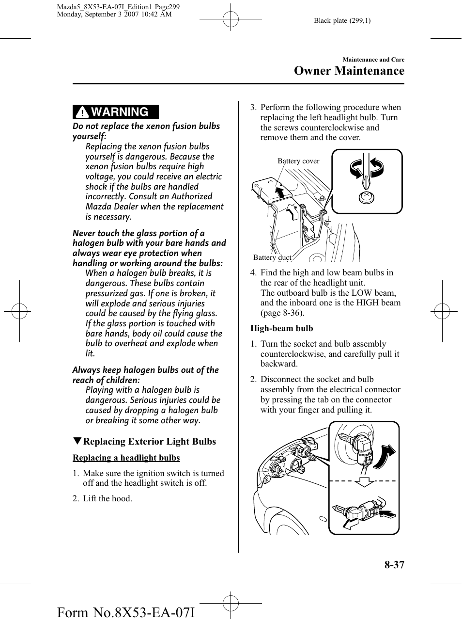 Owner maintenance, Warning | Mazda 2008 5 User Manual | Page 299 / 376