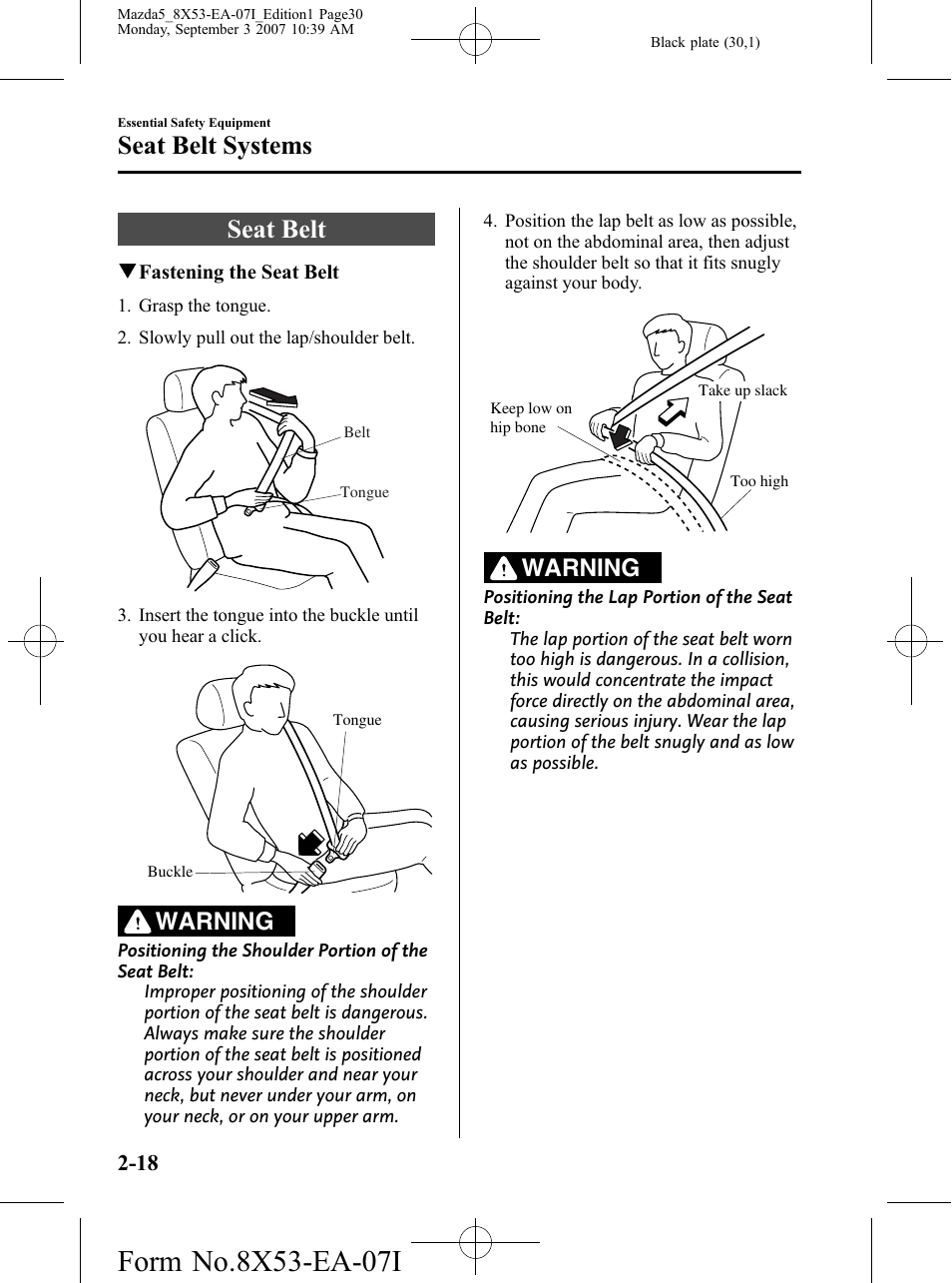 Seat belt, Seat belt -18, Seat belt systems | Warning | Mazda 2008 5 User Manual | Page 30 / 376