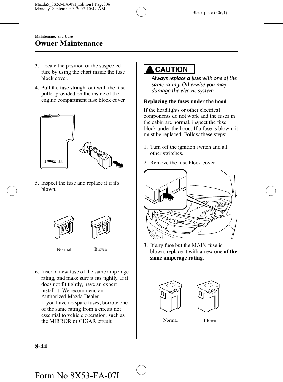 Owner maintenance, Caution | Mazda 2008 5 User Manual | Page 306 / 376