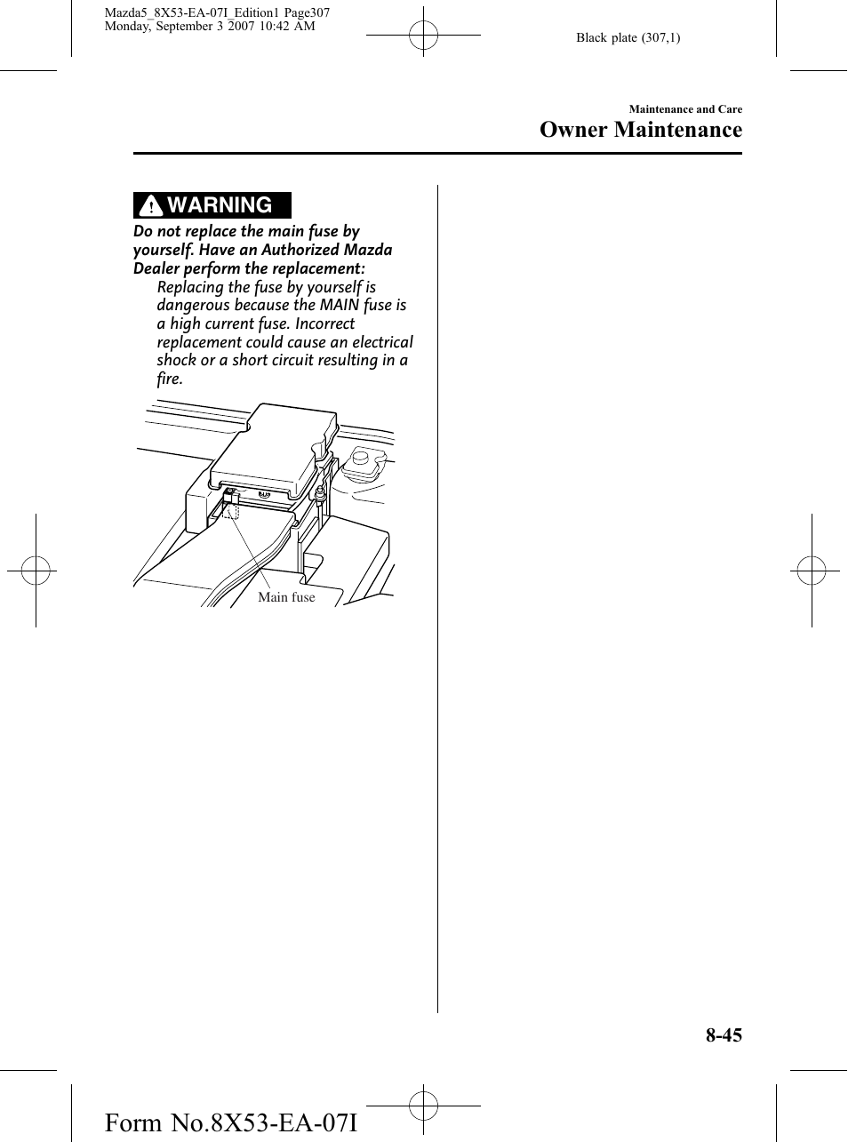 Owner maintenance, Warning | Mazda 2008 5 User Manual | Page 307 / 376