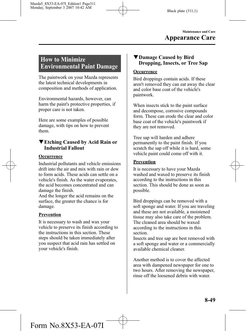 Appearance care, How to minimize environmental paint damage, Appearance care -49 | How to minimize environmental paint damage -49 | Mazda 2008 5 User Manual | Page 311 / 376