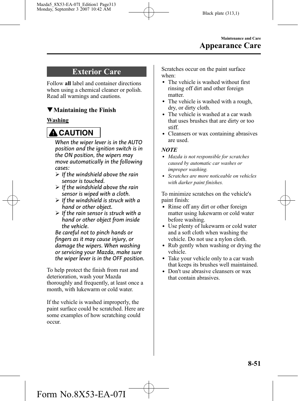 Exterior care, Exterior care -51, Appearance care | Caution, Qmaintaining the finish | Mazda 2008 5 User Manual | Page 313 / 376