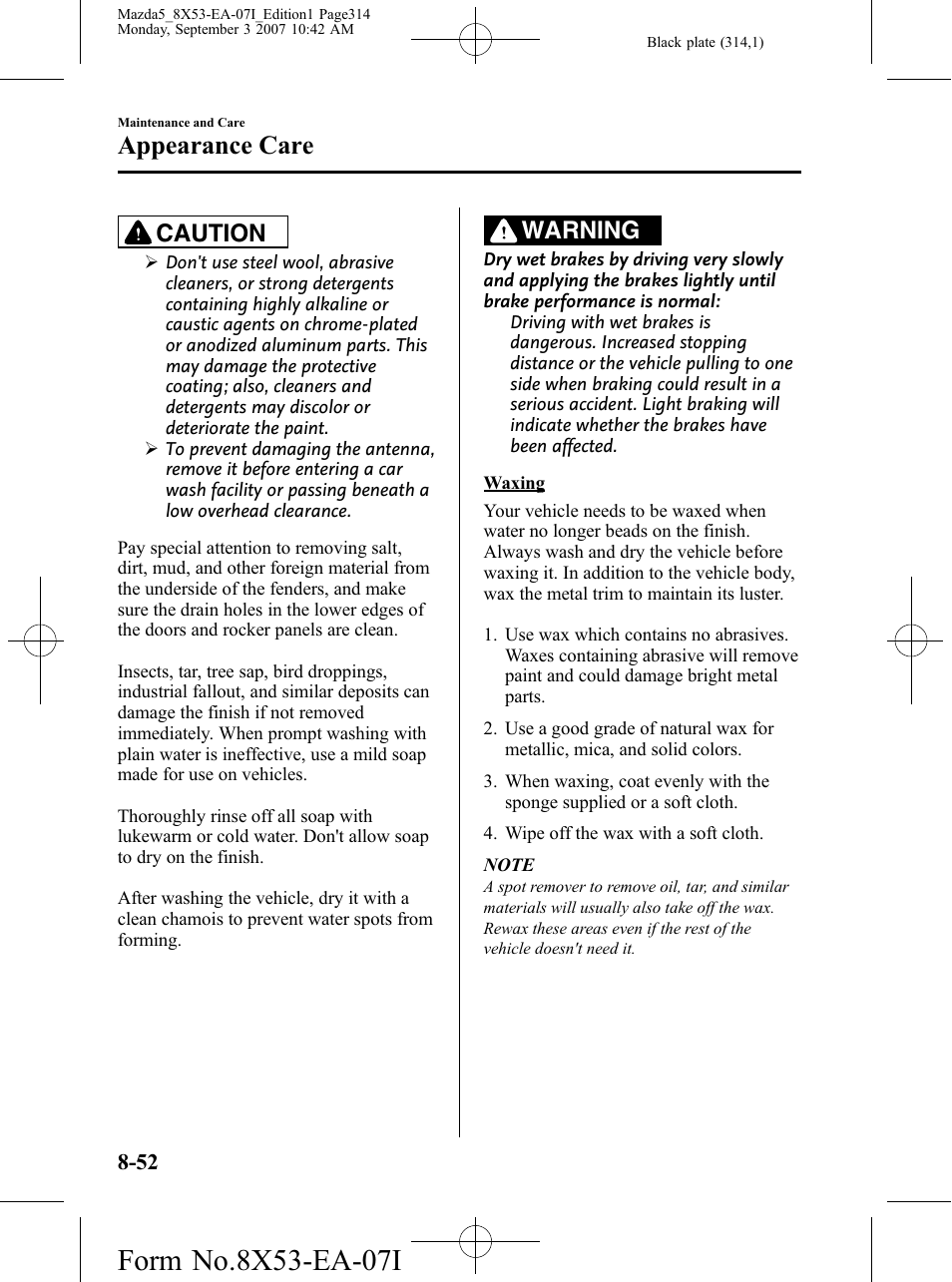 Appearance care, Caution, Warning | Mazda 2008 5 User Manual | Page 314 / 376