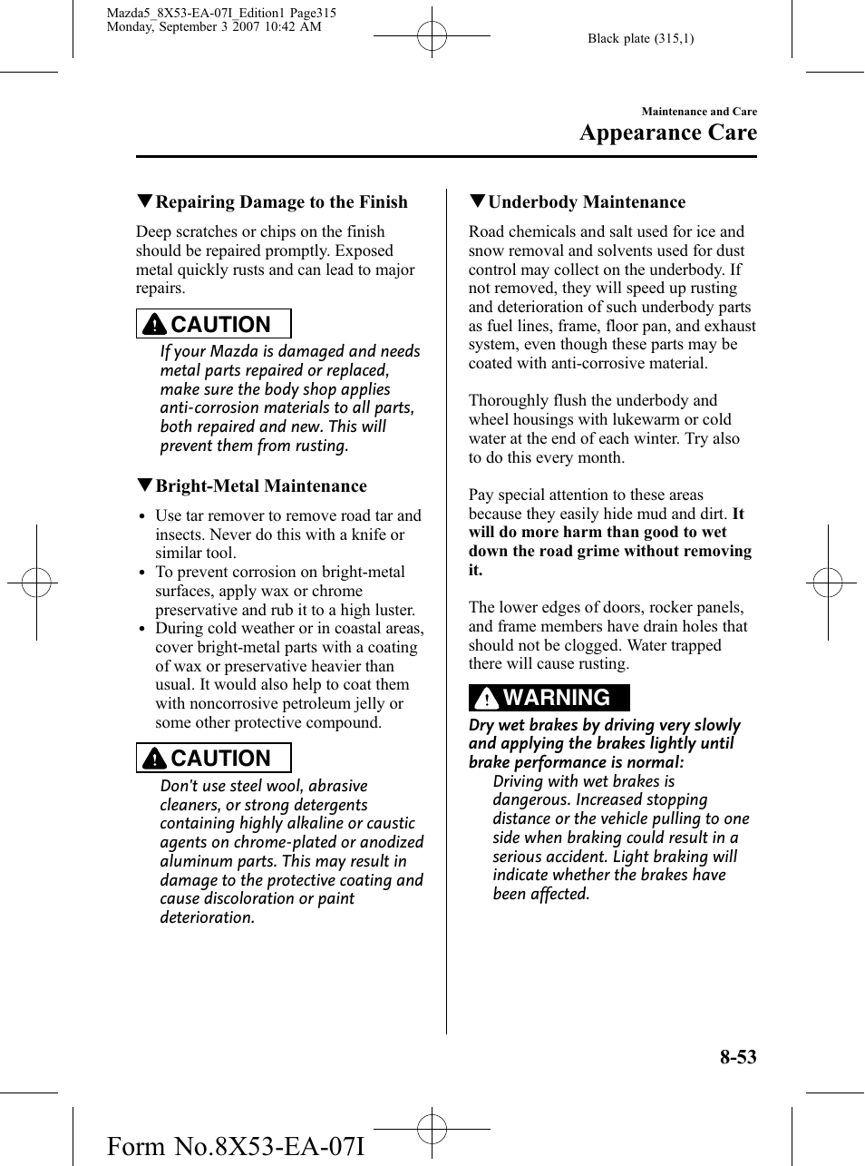 Appearance care, Caution, Warning | Mazda 2008 5 User Manual | Page 315 / 376