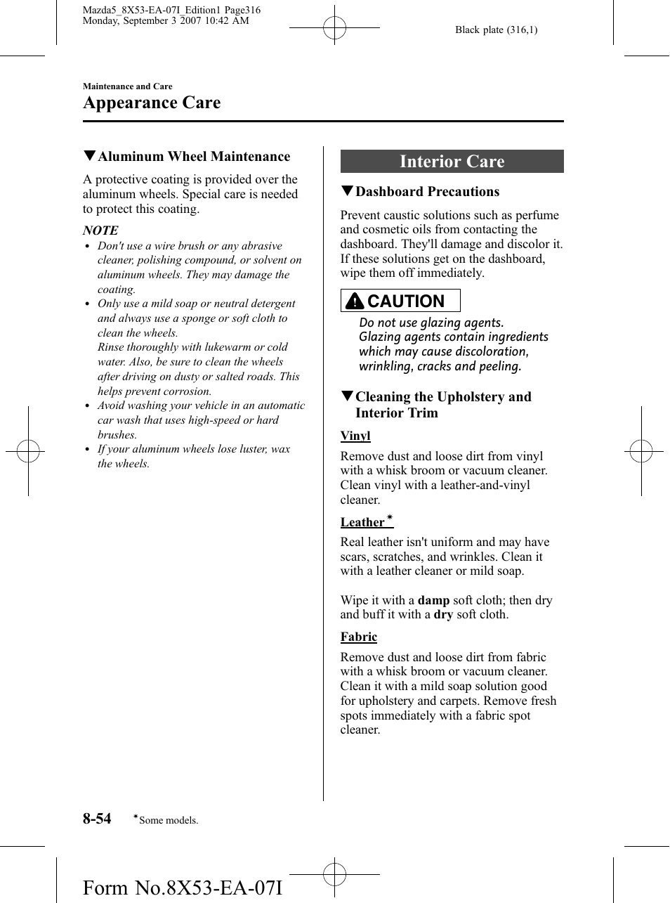 Interior care, Interior care -54, Appearance care | Caution | Mazda 2008 5 User Manual | Page 316 / 376