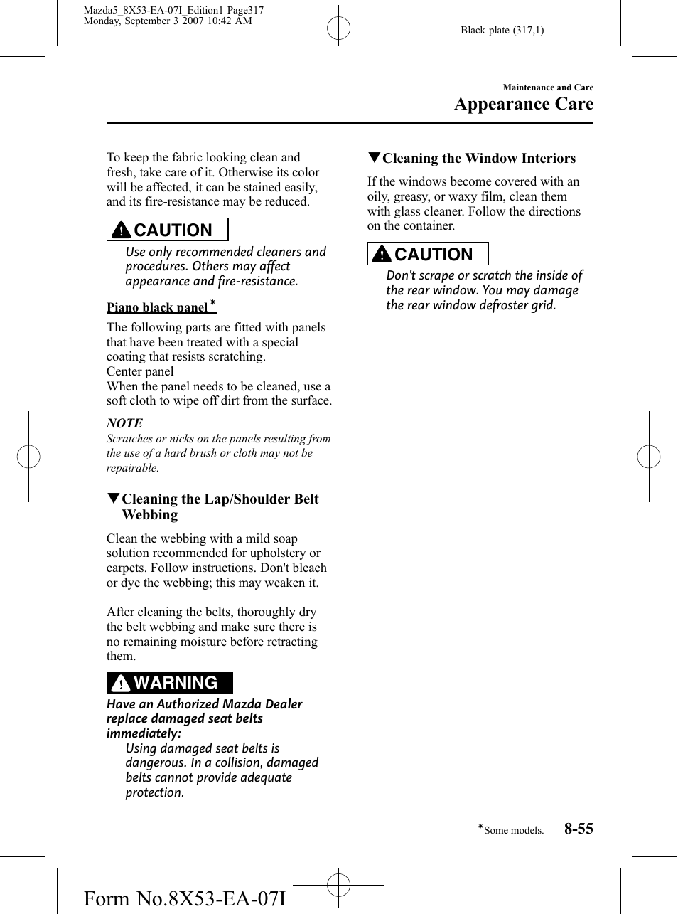 Appearance care, Caution, Warning | Mazda 2008 5 User Manual | Page 317 / 376