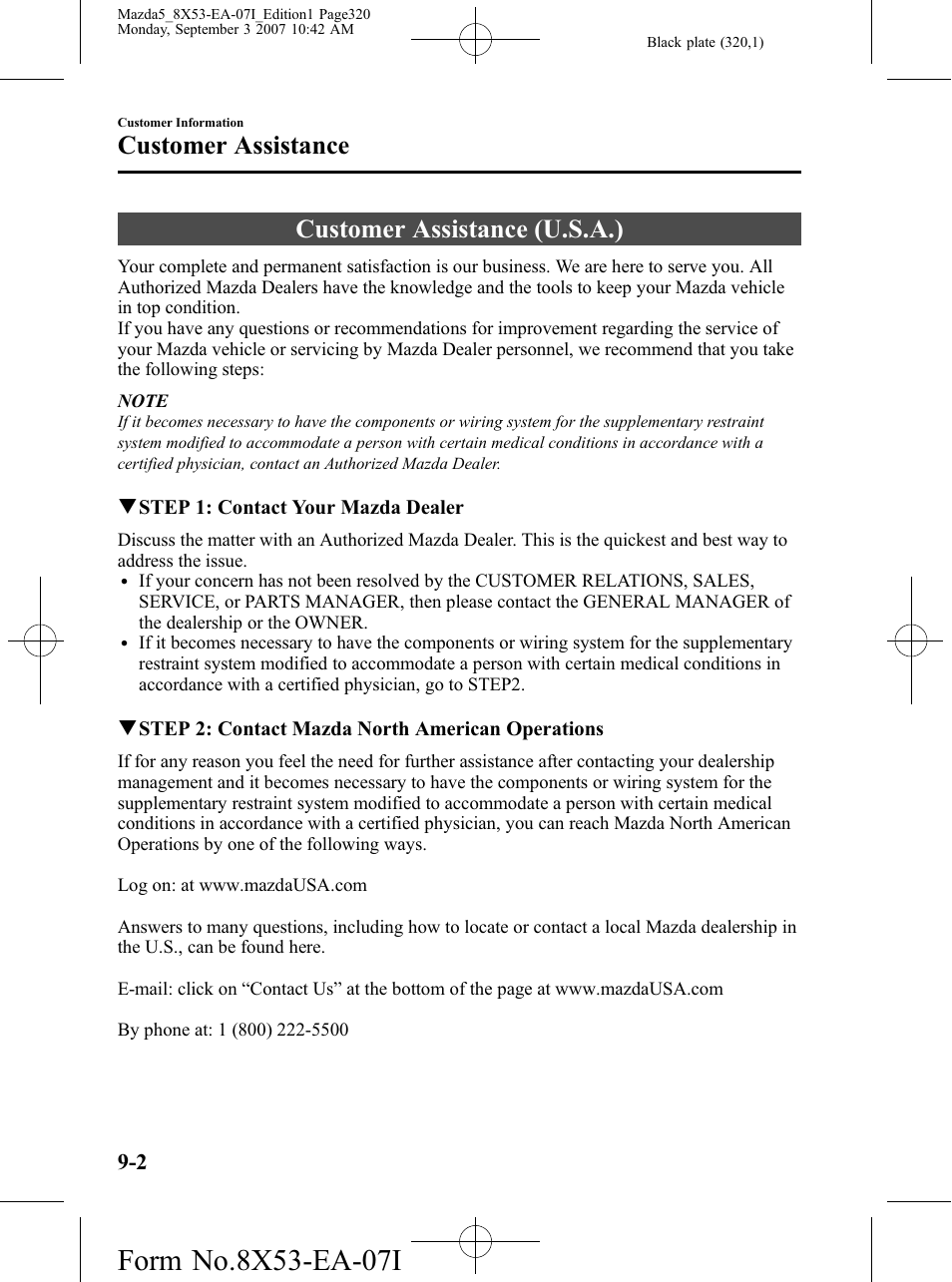 Customer assistance, Customer assistance (u.s.a.), Customer assistance -2 | Customer assistance (u.s.a.) -2 | Mazda 2008 5 User Manual | Page 320 / 376