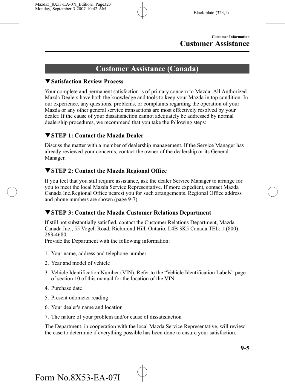 Customer assistance (canada), Customer assistance (canada) -5, Customer assistance | Mazda 2008 5 User Manual | Page 323 / 376