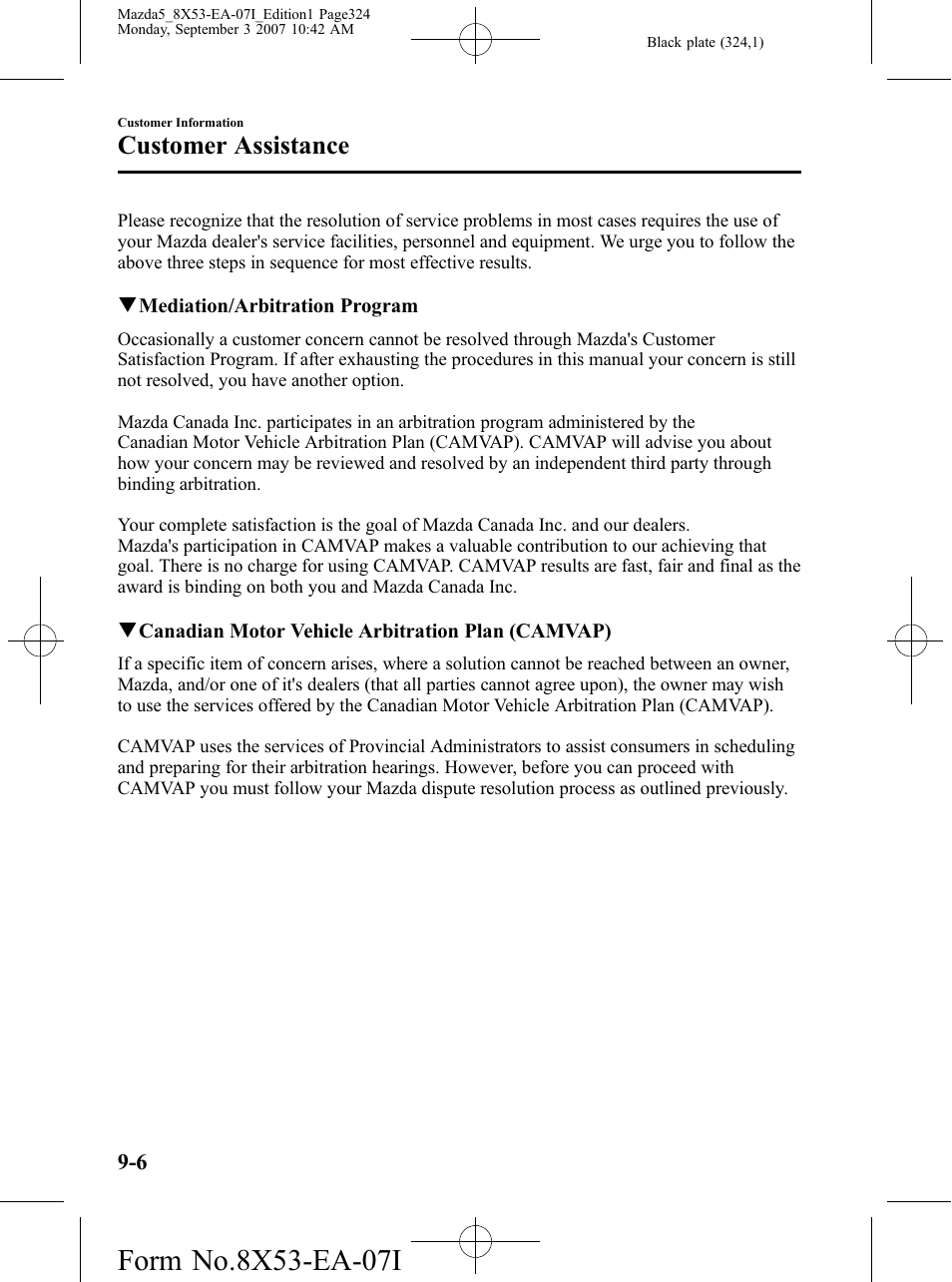 Customer assistance | Mazda 2008 5 User Manual | Page 324 / 376