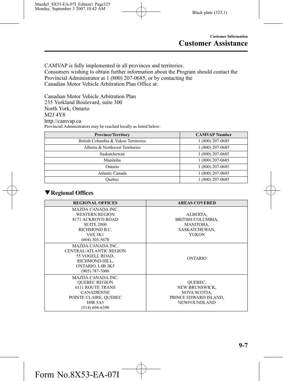 Customer assistance, Qregional offices | Mazda 2008 5 User Manual | Page 325 / 376