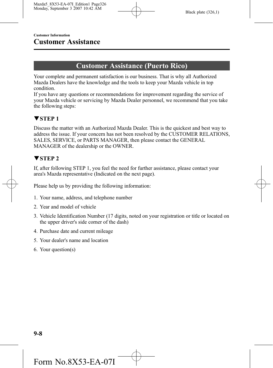 Customer assistance (puerto rico), Customer assistance (puerto rico) -8, Customer assistance | Mazda 2008 5 User Manual | Page 326 / 376