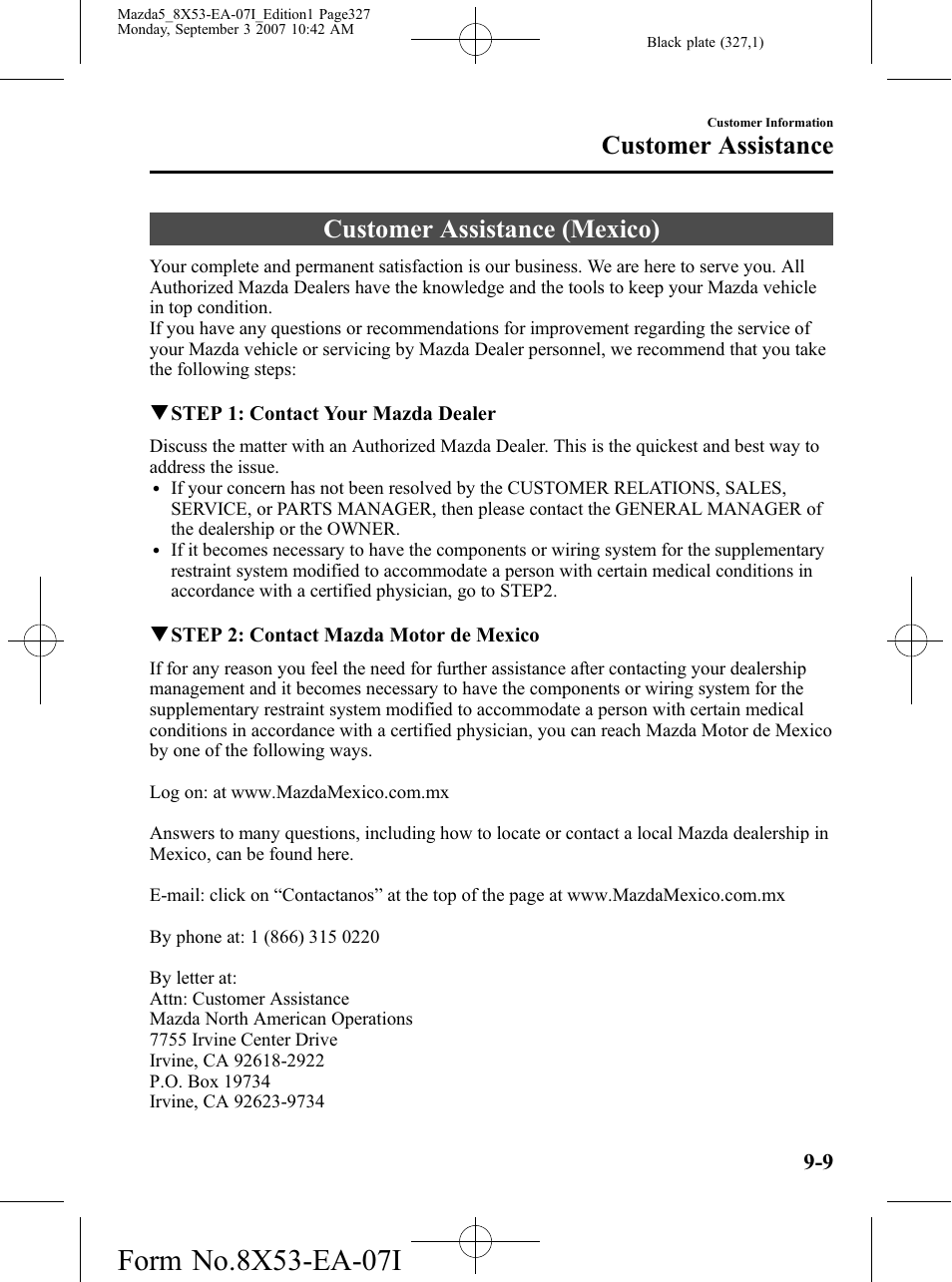Customer assistance (mexico), Customer assistance (mexico) -9, Customer assistance | Mazda 2008 5 User Manual | Page 327 / 376