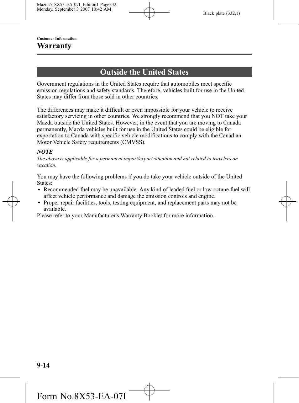 Outside the united states, Outside the united states -14, Warranty | Mazda 2008 5 User Manual | Page 332 / 376