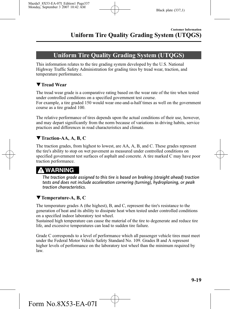 Uniform tire quality grading system (utqgs), Uniform tire quality grading system (utqgs) -19, Warning | Mazda 2008 5 User Manual | Page 337 / 376
