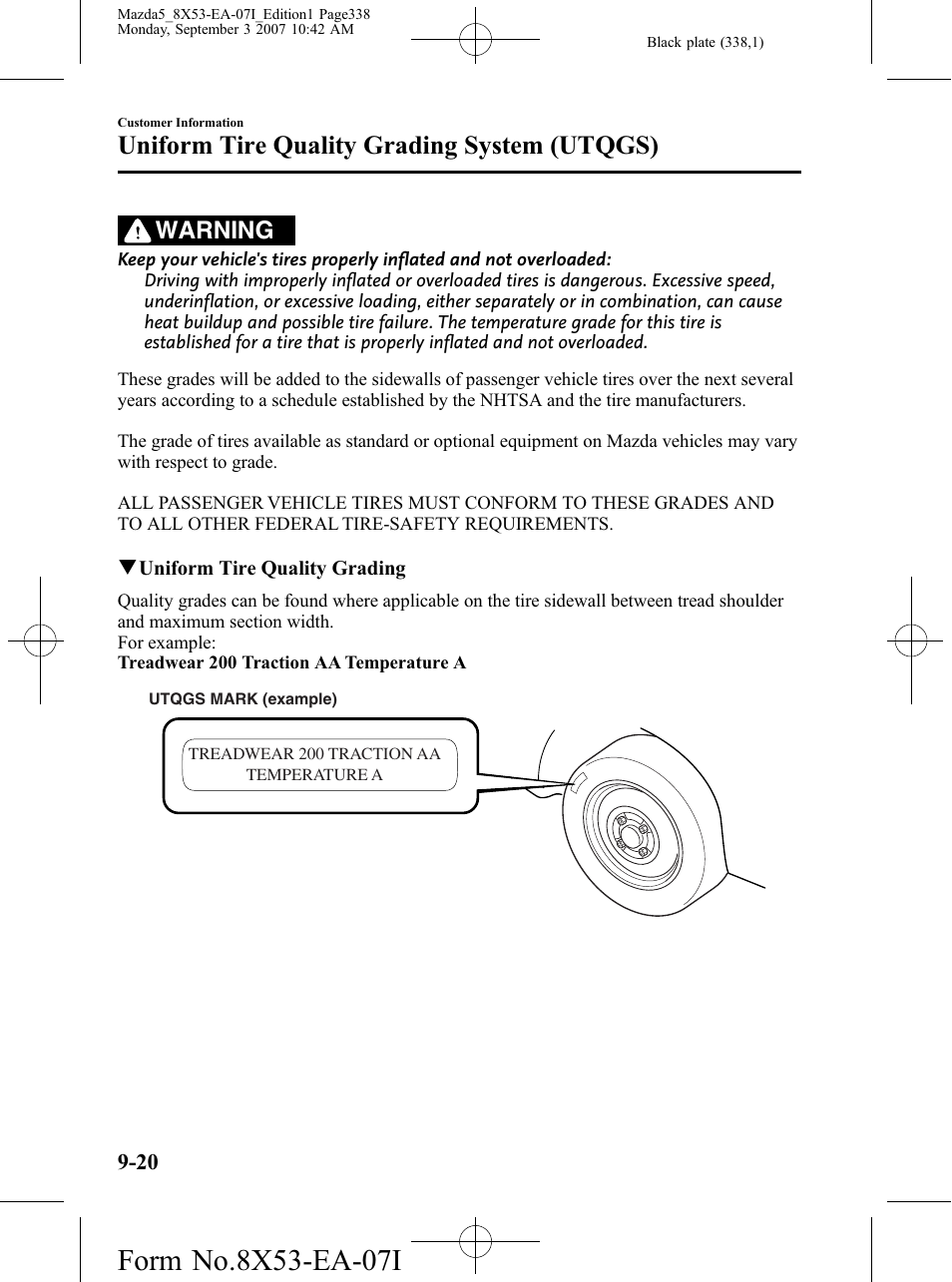 Uniform tire quality grading system (utqgs), Warning | Mazda 2008 5 User Manual | Page 338 / 376