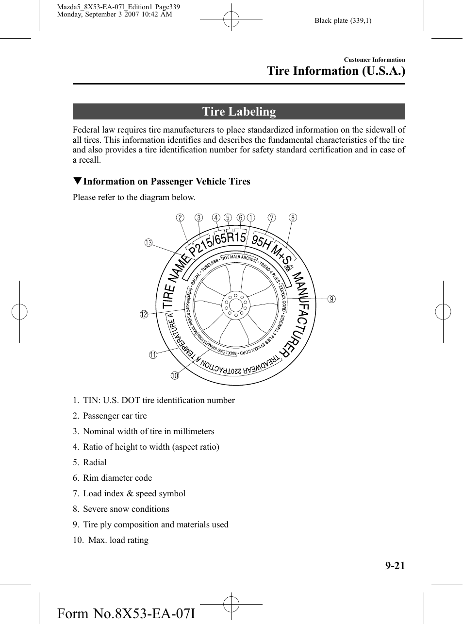 Tire information (u.s.a.), Tire labeling, Tire information (u.s.a.) -21 | Tire labeling -21 | Mazda 2008 5 User Manual | Page 339 / 376