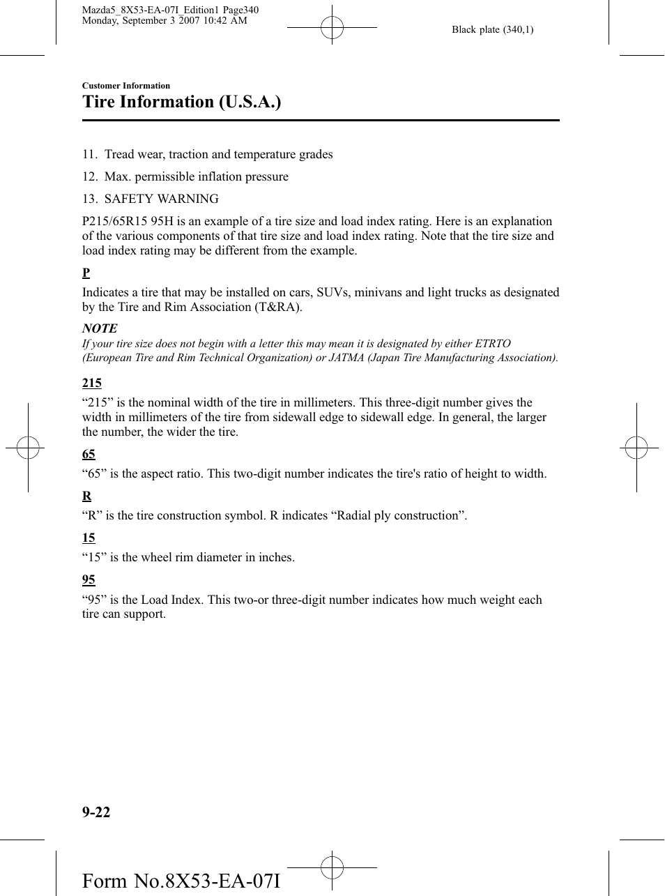 Tire information (u.s.a.) | Mazda 2008 5 User Manual | Page 340 / 376