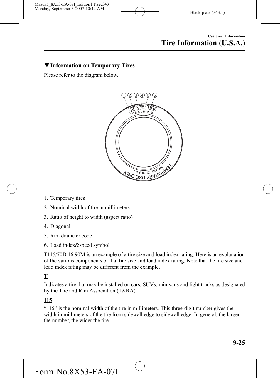 Tire information (u.s.a.) | Mazda 2008 5 User Manual | Page 343 / 376