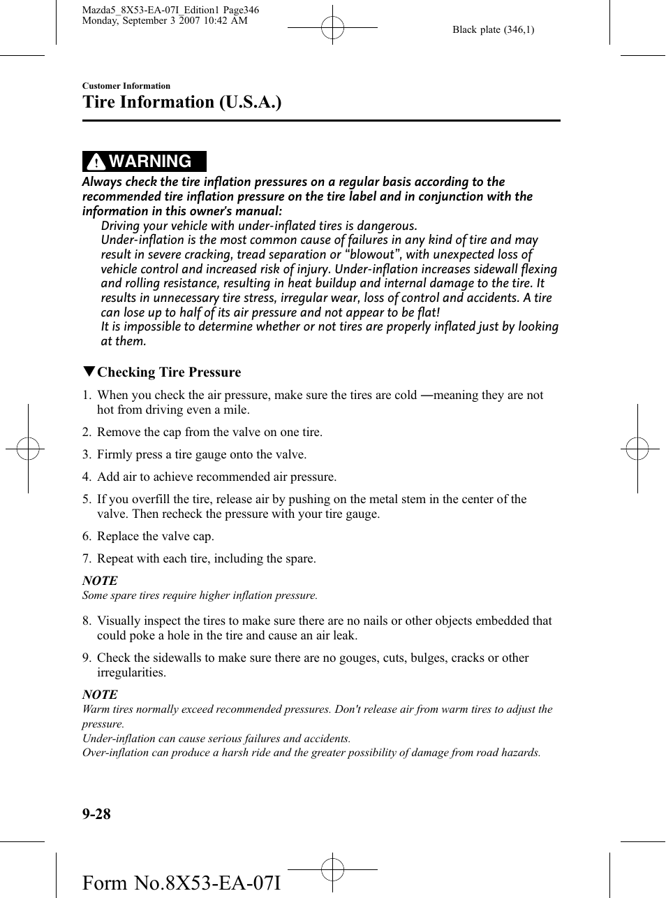 Tire information (u.s.a.), Warning | Mazda 2008 5 User Manual | Page 346 / 376