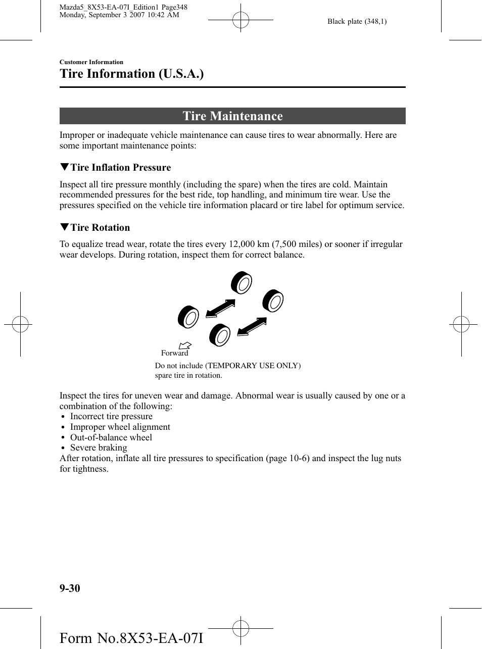 Tire maintenance, Tire maintenance -30, Tire information (u.s.a.) | Mazda 2008 5 User Manual | Page 348 / 376