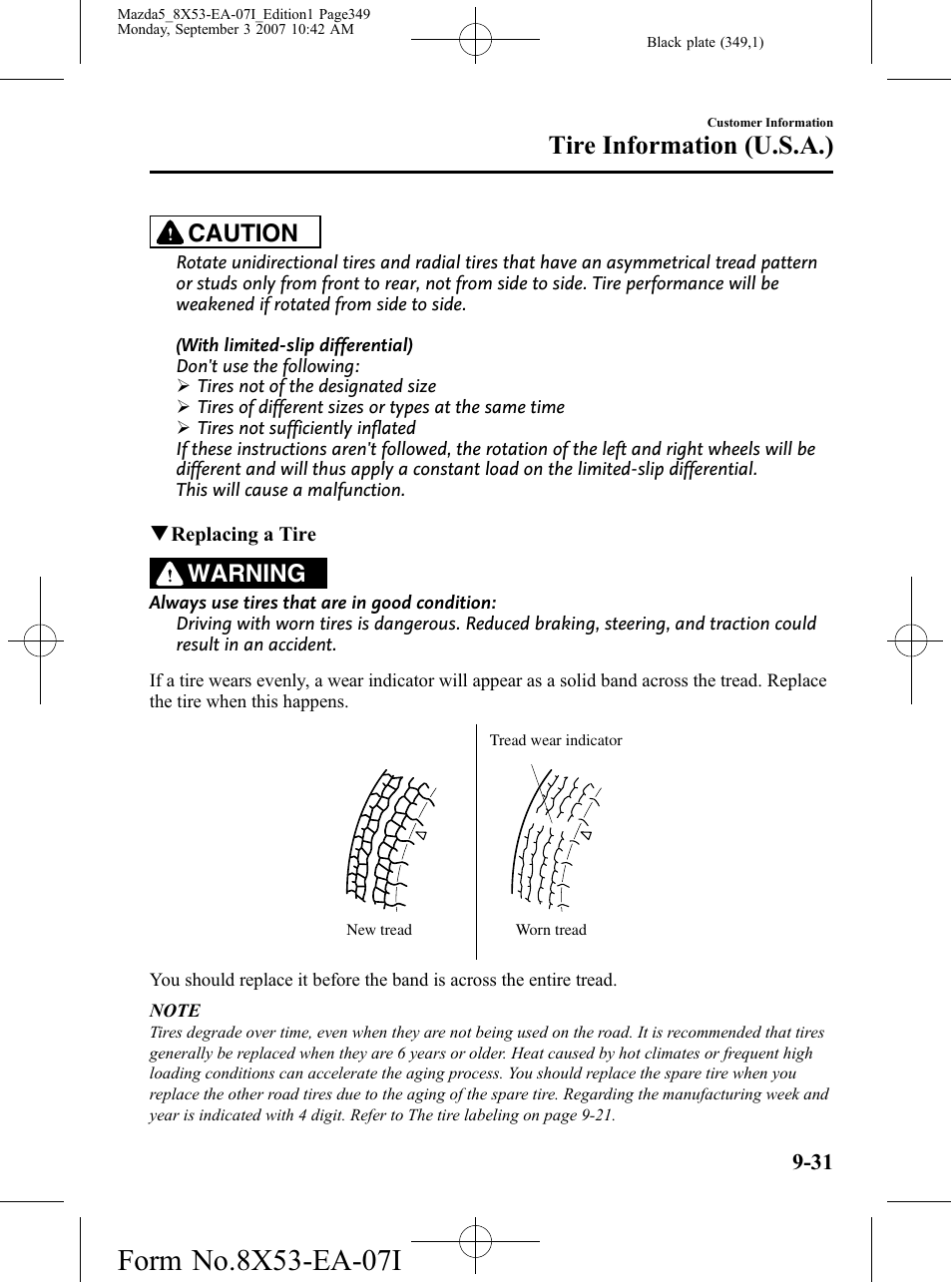 Tire information (u.s.a.), Caution, Warning | Mazda 2008 5 User Manual | Page 349 / 376