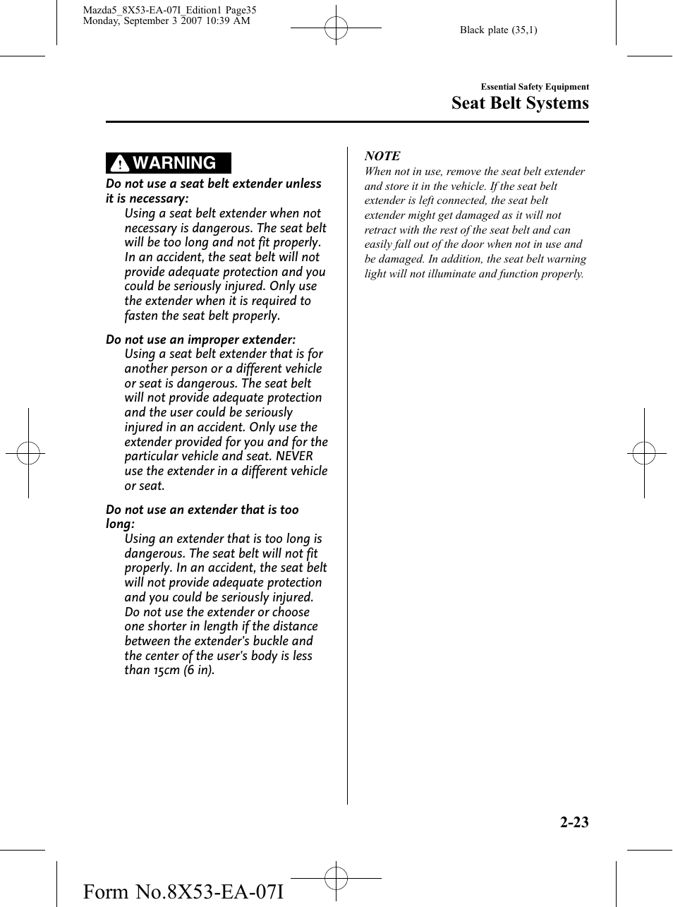 Seat belt systems, Warning | Mazda 2008 5 User Manual | Page 35 / 376
