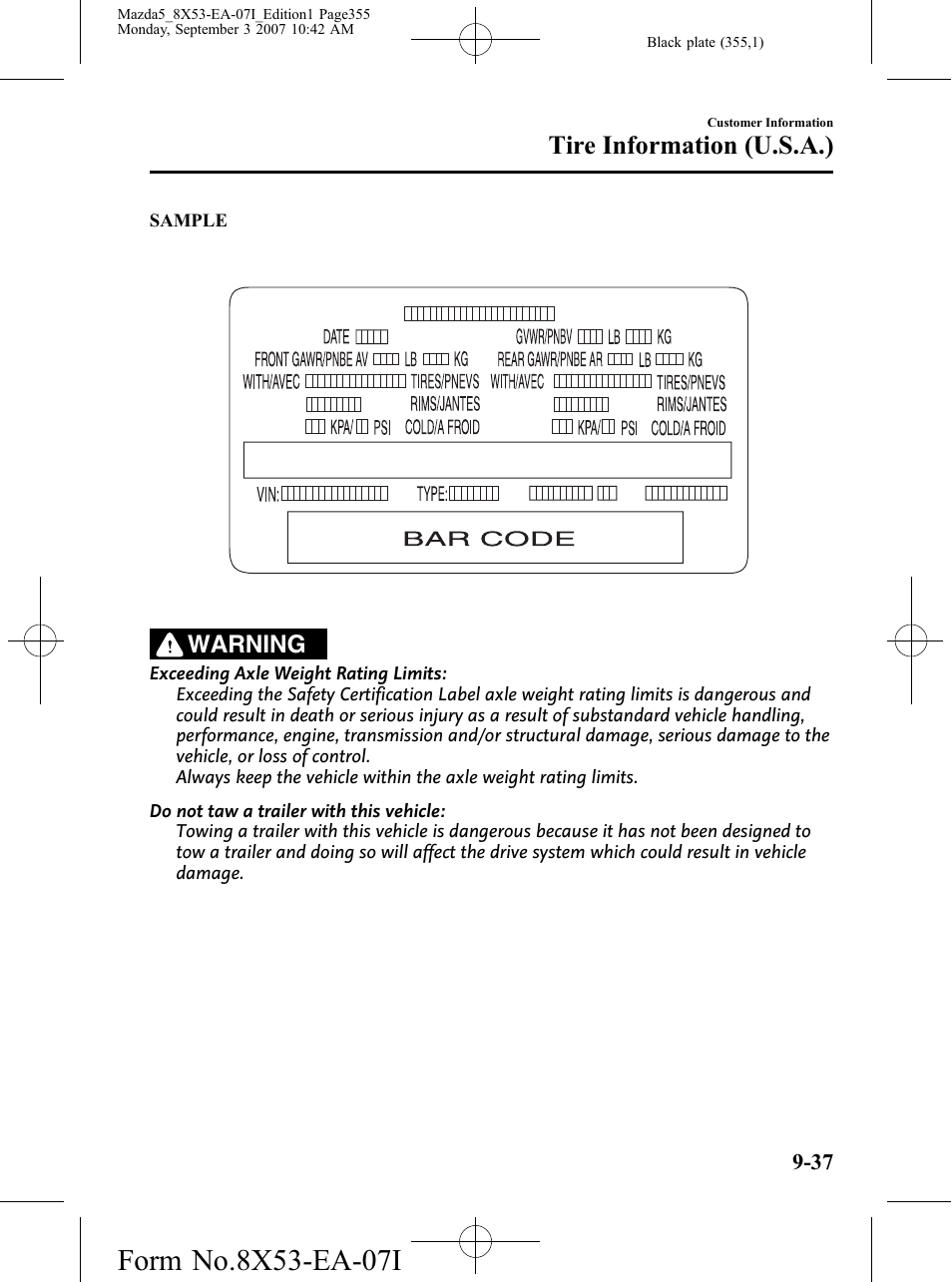 Tire information (u.s.a.), Warning | Mazda 2008 5 User Manual | Page 355 / 376