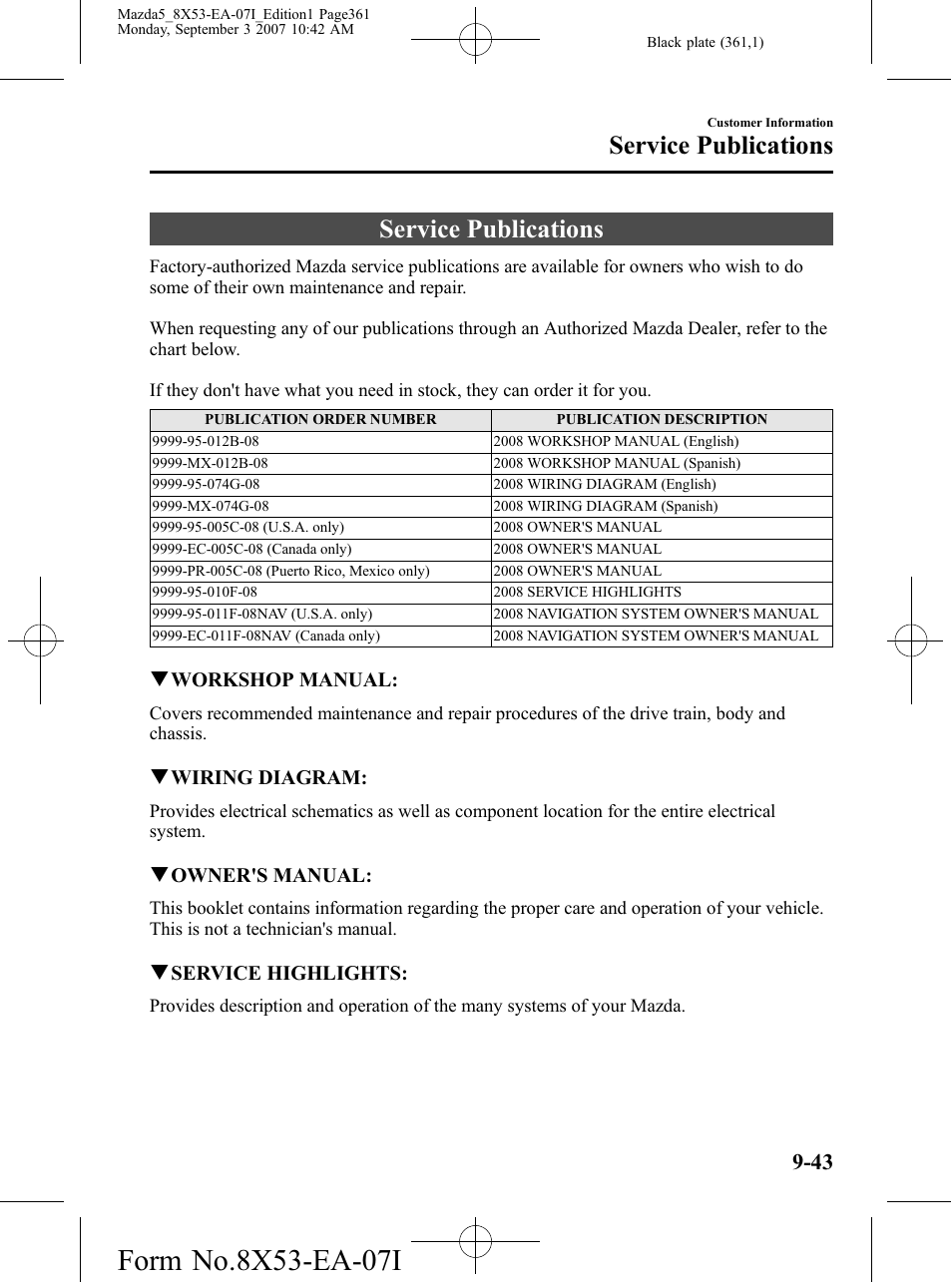 Service publications, Service publications -43 | Mazda 2008 5 User Manual | Page 361 / 376